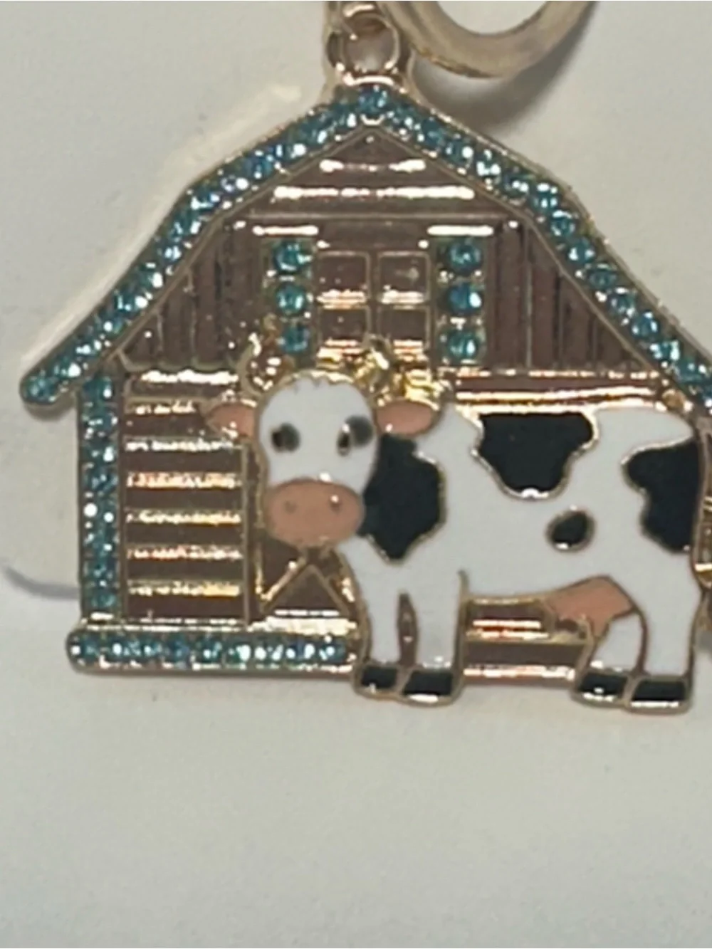 Cow & Barn Keychain Charm with Aqua Rhinestones